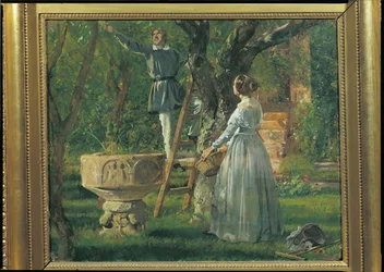 Jardin à Ringsted avec une ancienne cuve baptismale, 1850